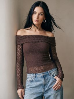 Outzidr - Brown Off-Shoulder Fitted Lace Top