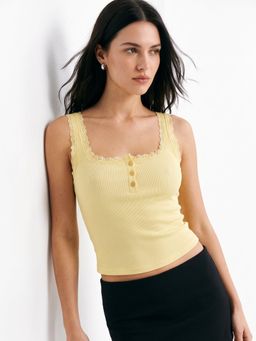 Outzidr - Yellow Lace Edge Fitted Tank Top