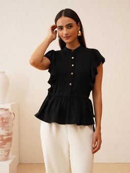 Beatnik - Black Women Mandarin Collar Peplum Top