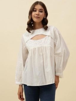 Beatnik - White Women Round Neck Cotton Schiffli Top