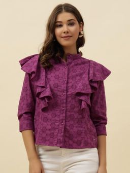 Beatnik - Purple Women Cotton Schiffli Shirt Style Top