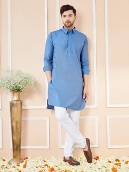 See Designs - Men Blue Cotton Solid Pathani Kurta