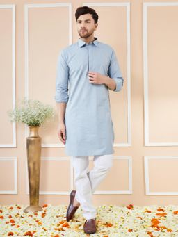 See Designs - Men Blue Cotton Solid Pathani Kurta
