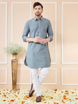 See Designs - Men Grey Cotton Solid Pathani Kurta