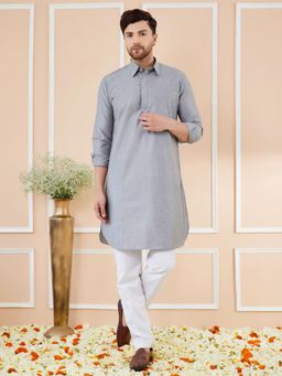 See Designs - Men Grey Cotton Solid Pathani Kurta