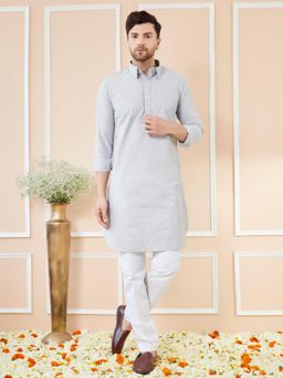 See Designs - Men Grey Cotton Solid Pathani Kurta