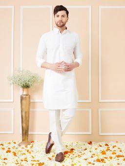 See Designs - Men Off White Cotton Solid Pathani Kurta