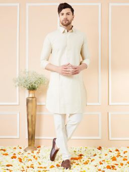 See Designs - Men Cream Cotton Solid Pathani Kurta
