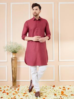 See Designs - Men Maroon Cotton Solid Pathani Kurta