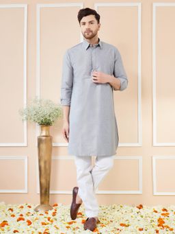 See Designs - Men Grey Cotton Solid Pathani Kurta