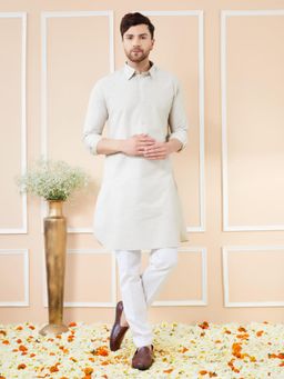 See Designs - Men Off White Cotton Solid Pathani Kurta