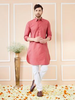 See Designs - Men Red Cotton Solid Pathani Kurta