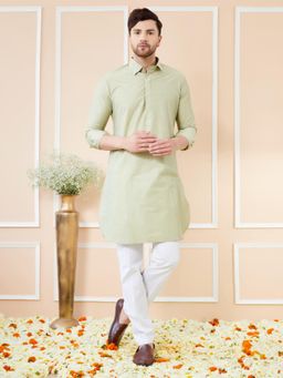 See Designs - Men Green Cotton Solid Pathani Kurta