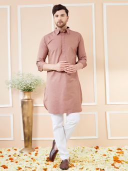 See Designs - Men Brown Cotton Solid Pathani Kurta