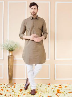 See Designs - Men Brown Cotton Solid Pathani Kurta