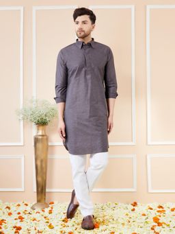 See Designs - Men Grey Cotton Solid Pathani Kurta