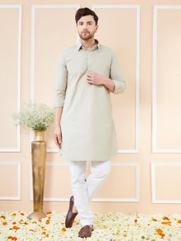 See Designs - Men Cream Cotton Solid Pathani Kurta