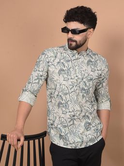 CRIMSOUNE CLUB - Men Green Floral Print Linen Shirt Kurta