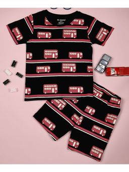 Be Awara - Half Sleeves Cotton T-shirt & Shorts Bus Print Black (Set of 2)