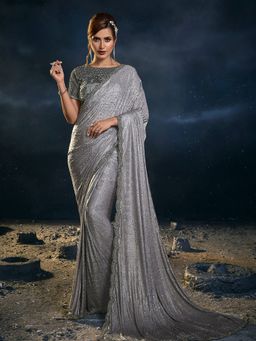 Odette - Grey Net Sequins Embroidered Saree with Unstitched Blouse