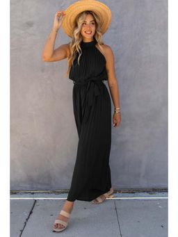 PARTIQ - Black Halter Neck Pleated Wide Leg Jumpsuit with Belt (Set of 2)