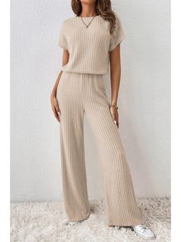 PARTIQ - Parchment Solid Ribbed Short Sleeve Wide Leg Jumpsuit