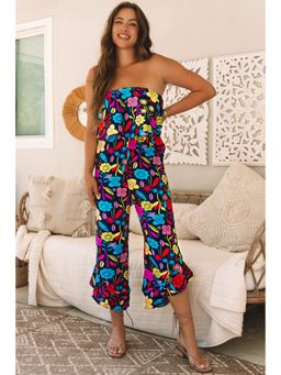 PARTIQ - Black Mix Tropical Print Strapless Ruffled Jumpsuit