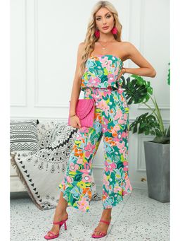 PARTIQ - Green Mix Tropical Print Strapless Ruffled Jumpsuit