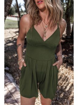 PARTIQ - Moss Green Spaghetti Straps Cinched Waist Ribbed Playsuit
