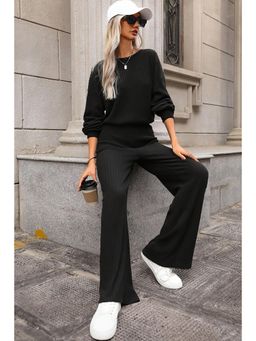PARTIQ - Black Solid Ribbed Knit Keyhole Back High Waist Jumpsuit
