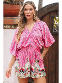 PARTIQ - Pink Paisley Geometric Print V Neck High Waist Playsuit