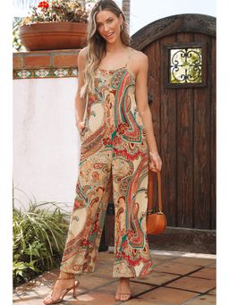 PARTIQ - Multi-Color Paisley Printed Spaghetti Straps Elegant Wide Leg Jumpsuit