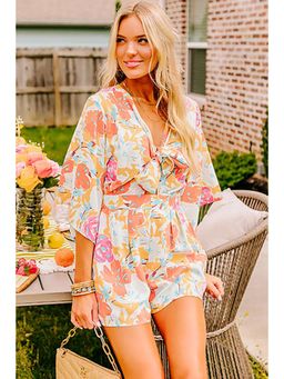 PARTIQ - Orange Blooming Floral Print Front Tie Playsuit