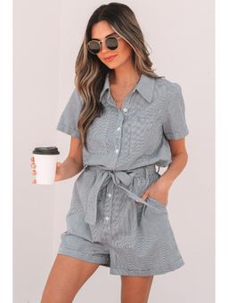 PARTIQ - Blue Stripes Chest Pockets Button Belted High Waist Playsuit (Set of 2)