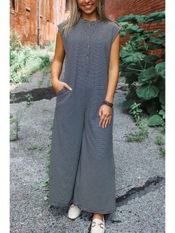 PARTIQ - Black White Stripes Print Button Wide Leg Sleeveless Jumpsuit