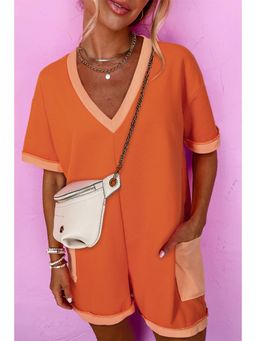 PARTIQ - Russet Orange Colorblock Short Sleeve V Neck Patched Pocket Loose Playsuit