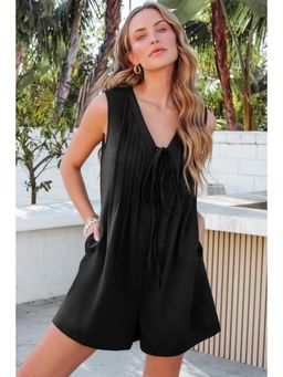 PARTIQ - Black Tie V-Neck Pintuck Sleeveless Loose Playsuit