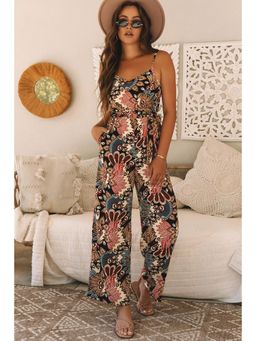 PARTIQ - Black Floral Print Belted Sleeveless Wide Leg Jumpsuit (Set of 2)
