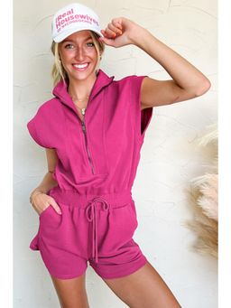 PARTIQ - Rose Pink Solid Half Zip Drawstring Waist Playsuit