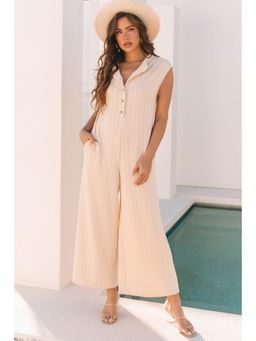 PARTIQ - Smoke Cream Textured Button Wide Leg Sleeveless Jumpsuit