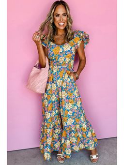 PARTIQ - Multi-Color Floral All Over Print Shirred Cut Out High Waist Jumpsuit