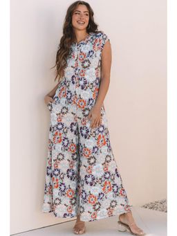 PARTIQ - Sky Blue Floral Sleeveless Button Pocket Wide Leg Jumpsuit