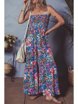 PARTIQ - Pink Floral Smocked Bust Spaghetti Straps Wide Leg Jumpsuit