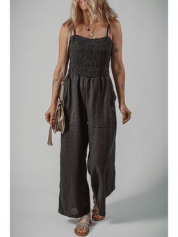 PARTIQ - Black Spaghetti Straps Shirred Bodice Pocket Wide Leg Jumpsuit