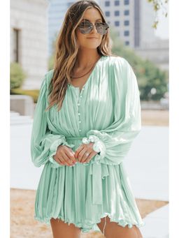 PARTIQ - Green Pleated Ruffled Tie Waist Buttons Playsuit (Set of 2)