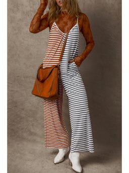 PARTIQ - Multi-Color Stripes Two Tone Contrast Spaghetti Strap Backless Jumpsuit