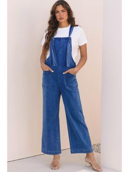 PARTIQ - Prussian Blue Mineral Wash Knotted Strap Patched Pocket Wide Leg Dungaree