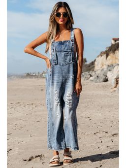 PARTIQ - Stone Blue Distressed Bib Pocket Wide Leg Denim Overall Dungaree