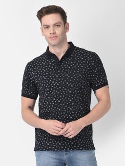 CRIMSOUNE CLUB - Men Navy Blue Floral Polo T-shirt