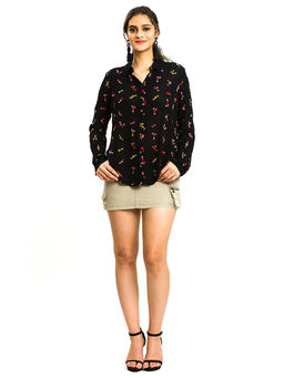 How When Wear - Black Cheesecloth Shirt With All Over Floral Embroidery